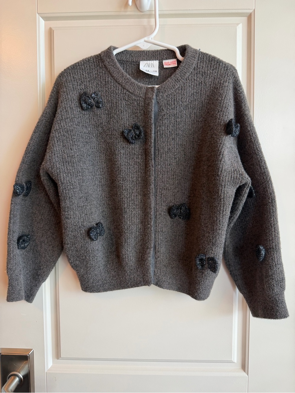 Zara Kids Dark Gray Knit Cardigan with Bow Appliqués